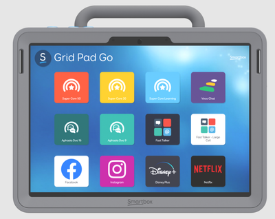 Front view of the Grid Pad Go tablet showing Grid 3 landing page