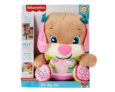 Plush puppy with pink ears and feet in box