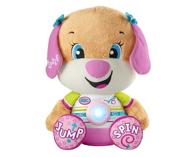 Plush puppy with pink ears and feet