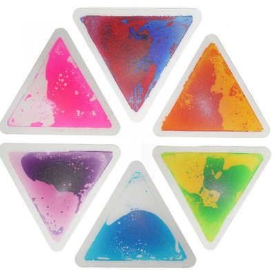 Set of six triangular liquid floor tiles in different colours