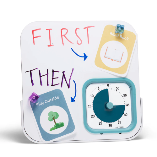 Lake day blue time timer MOD in magnetic dry erase board showing first/then activities