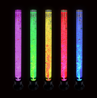 Five bubble tubes shown side by side, lit in different colours