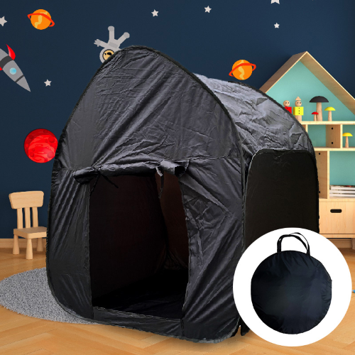 Black sensory pop up tent front view with carry case inlay