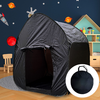 Black sensory pop up tent front view with carry case inlay