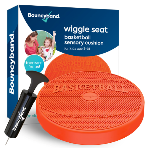 Image of basketball wiggle seat sensory cushion, with included pump