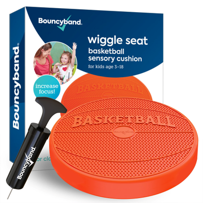 Image of basketball wiggle seat sensory cushion, with included pump