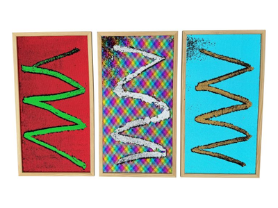 A set of three sequin wall boards with patterns drawn on them