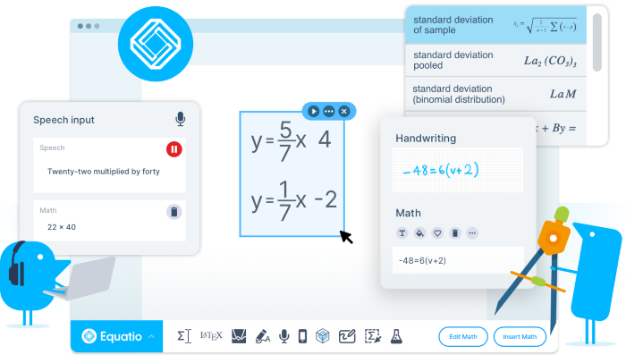 Screenshots of different functions available in Equatio software