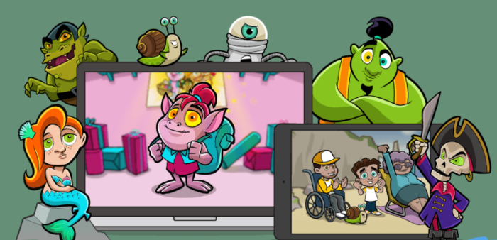 Image of inclusive Story characters posed with a laptop and a tablet