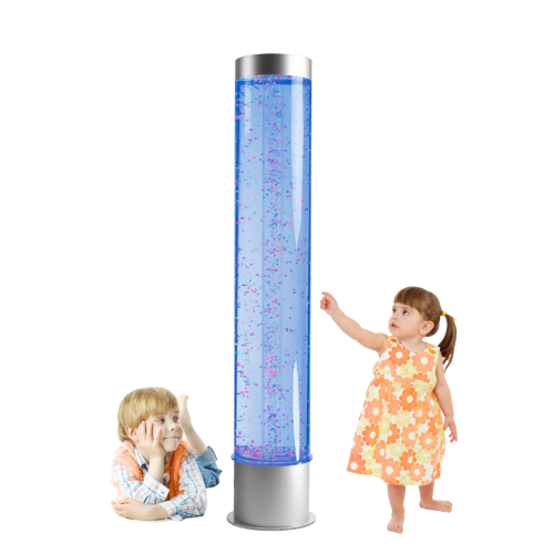 Image showing 2 young children interacting with a extra wide bubble tube with floating balls