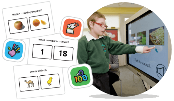 Image showing a boy accessing an interactive whiteboard displaying a helpkidzlearn chooseit readymades activity