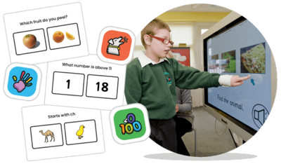 Image showing a boy accessing an interactive whiteboard displaying a helpkidzlearn chooseit readymades activity