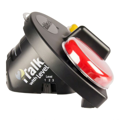 Side view of the italk 2 with yellow and red buttons on a black base