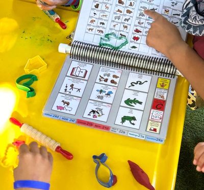 Photo of an early years classroom with a playdough activity, using a PODD book to discuss animal shapes.