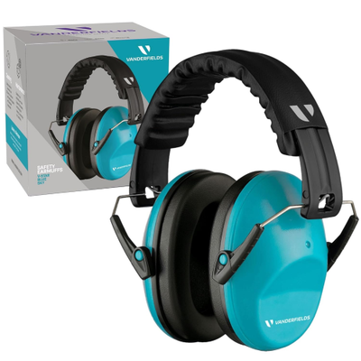 Image of a sky blue set of ear defenders with box