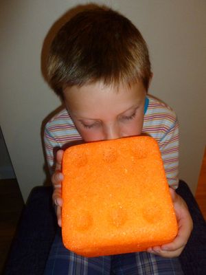 Image of a child smelling a scented sound dice