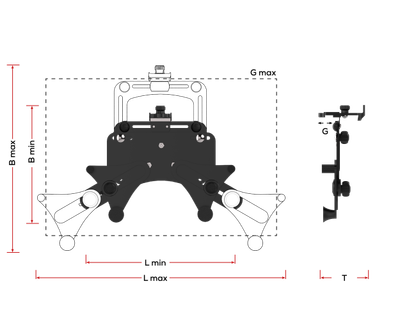 Image showing the dimensions and possible adjustments on the universal tablet holder.