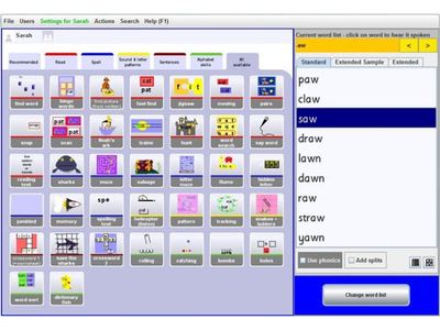 Screenshot of a wordlist alongside the activity choice menu in wordshark
