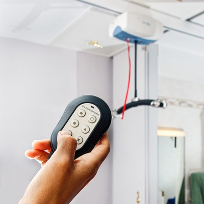 Image of a hand holding a Control 6 radio frequency and infrared transmitter