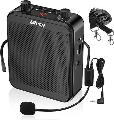 Giecy branded, black voice amplifier with headset and carry strap