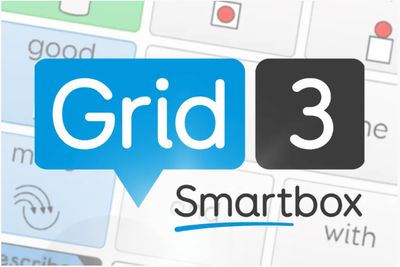 Logo of Grid 3 superimposed over an AAC communication board