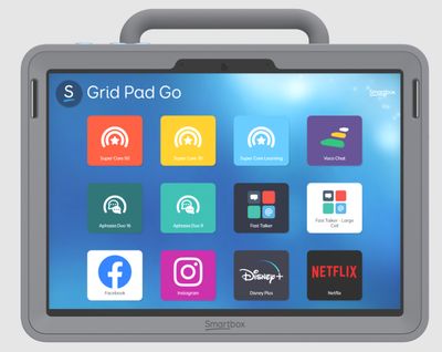 Front view of the Grid Pad Go tablet showing Grid 3 landing page