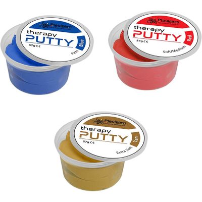 Image of three plastic tubs with different colour therapy putty