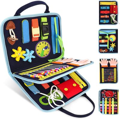 Image of fidget/fine motor book showing pages and their content