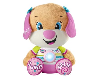 Plush puppy with pink ears and feet