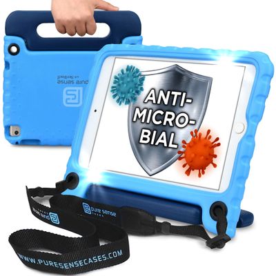 Blue rugged iPad case with handle and carry strap