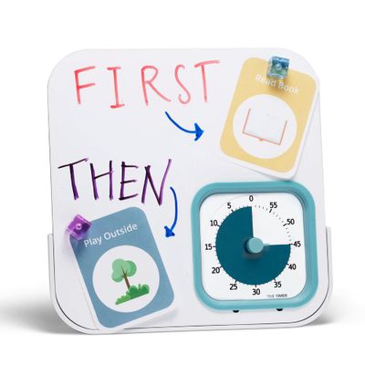 Lake day blue time timer MOD in magnetic dry erase board showing first/then activities