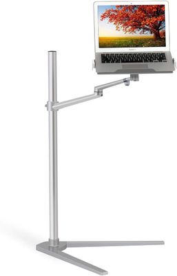 Front view of the magichols laptop/tablet floorstand, with a laptop mounted