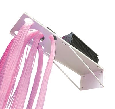 Image of a white metal wall fibre optic support bracket holding fibre optic strands
