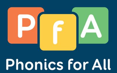 Blue background with three coloured blocks, each with a letter inside