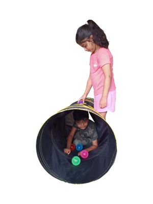 Image showing a child playing in a sensory pop up tunnel with LED balls, while another looks on