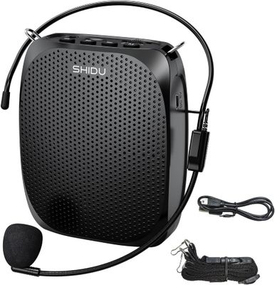 Shidu branded, black personal voice amplifier with wired headset and carry strap