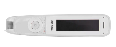 White rectangular text scanning device with a black LCD screen