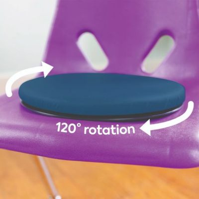 Blue rotatable disc cushion on purple chair.