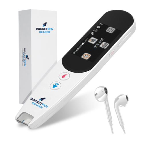 Image of a white RocketPen Reader with its box and earphones