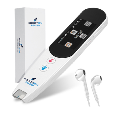 Image of a white RocketPen Reader with its box and earphones