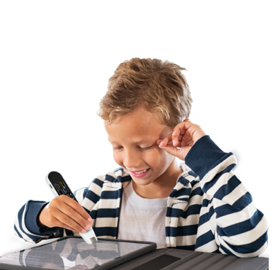 Image of a boy using a RocketPen Reader to scan text on a tablet screen