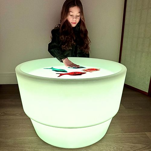 Image of a child playing with squidgy fish toys on Colour changing table