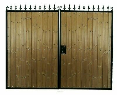 HKS100, BEAUTIFUL STEEL IRON METAL FRAMED TIMBER/WOOD INFILL DOUBLE/DRIVE WAY GATE