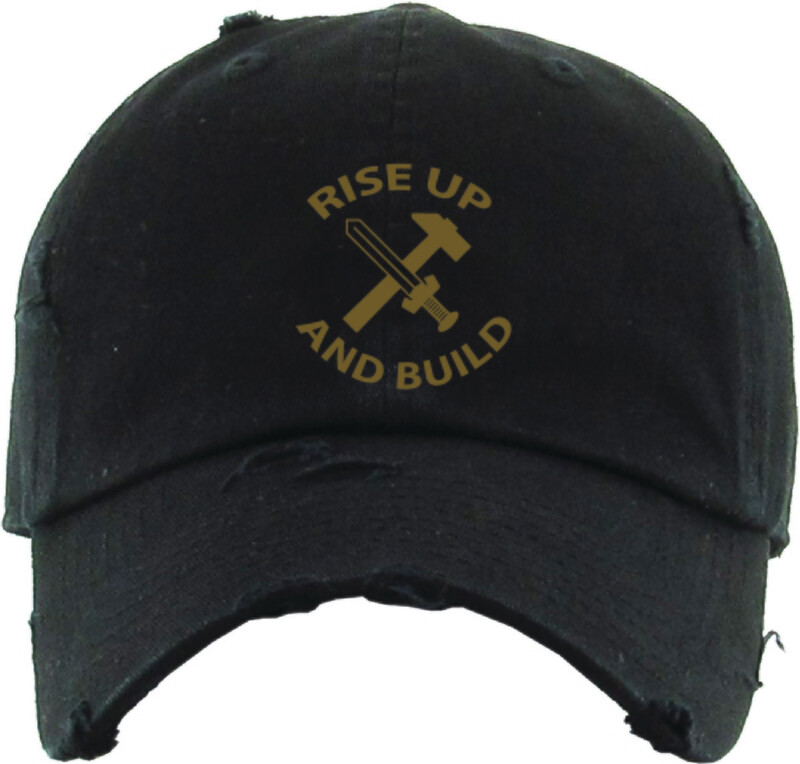 Rise Up &amp; Build - The Well - Unisex - Distressed Dad Hat, Color: Black/Metallic Gold