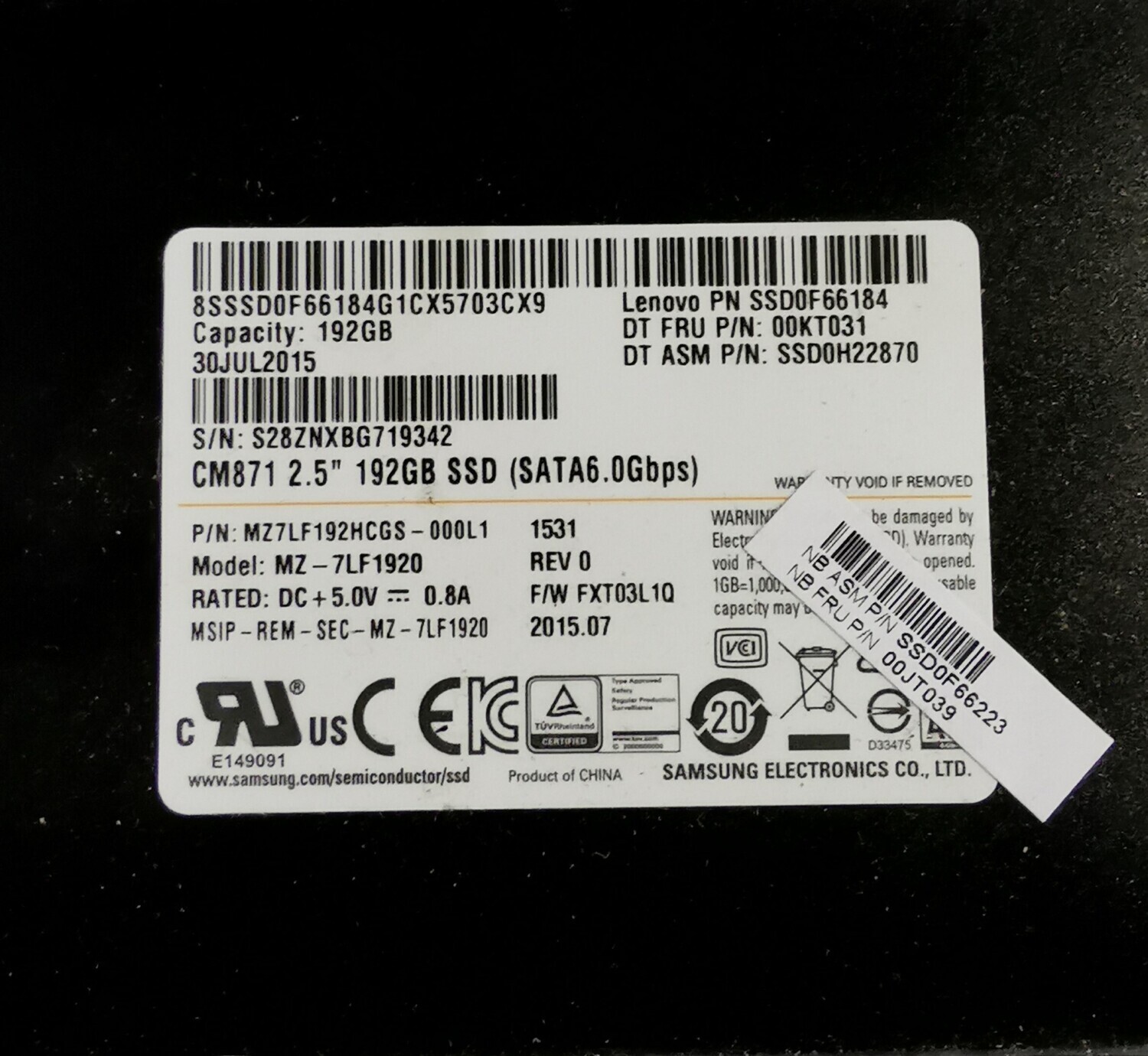 Lenovo 192GB SSD Drive | 00KT031 | SSD0F66184 | SSD0H22870 | SSD0F66223 | 00JT039