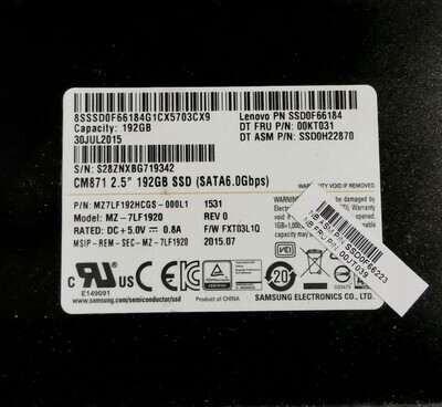 Lenovo 192GB SSD Drive | 00KT031 | SSD0F66184 | SSD0H22870 | SSD0F66223 | 00JT039