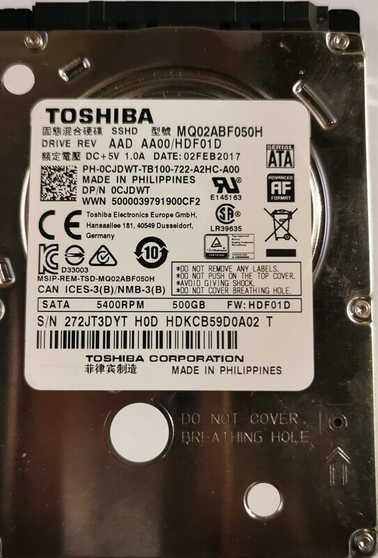 0CJDWT | CJDWT | Dell 500GB 2.5" SATA HDD 7200RPM | MQ02ABF050H