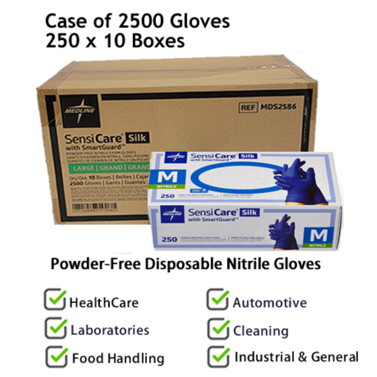 Medline Powder-Free disposable Nitrile Gloves with SmartGuard | 10 Boxes per case (2500 Pieces) | MDS2585 | MDS2586 | 888277139810 | 40888277139825