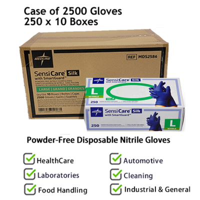 Medline Powder-Free disposable Nitrile Gloves with SmartGuard | 10 boxes per case (2500 Pieces) | MDS2586 | Large | 40888277139825