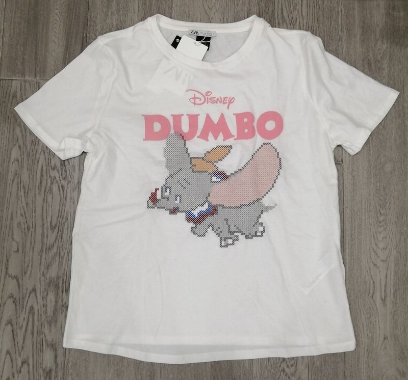 ZARA Women's Embroidered Disney Dumbo T-Shirt – White – 100% Cotton – New